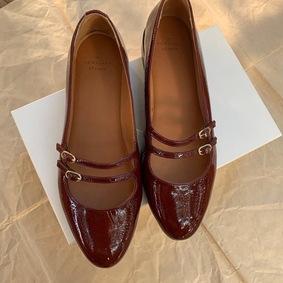 Sezane Shoes - Sezane Glossy Burgundy Double Strap Flats